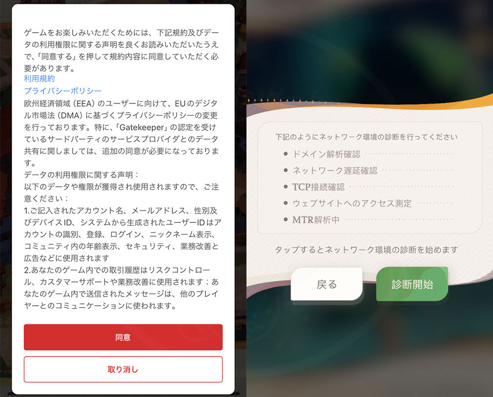 AFKジャーニー　利用規約やプライバシーポリシー『同意』ボタン、ネットワーク環境診断スクリーンショット