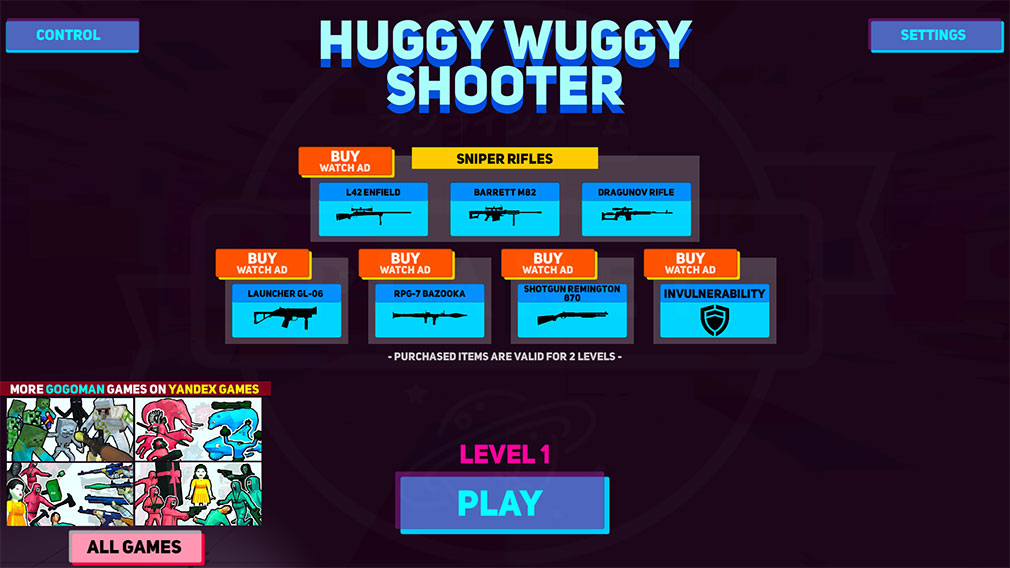 Huggy Wuggy Shooter　プレイ開始画面スクリーンショット
