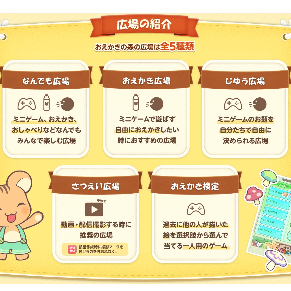 あつまれ！おえかきの森　5種ある『広場』紹介イメージ