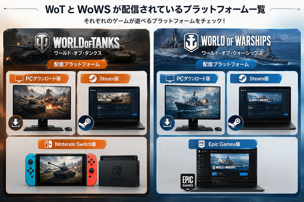 「World of Tanks(ワールドオブタンクス)WoT」と「World of Warships(ワールドオブウォーシップス)WoWs」の配信プラットフォーム一覧紹介イメージ