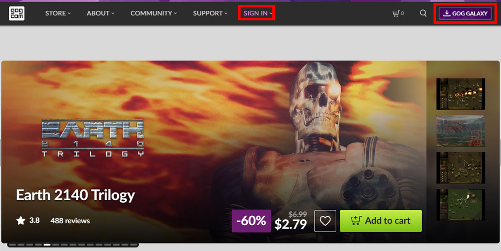 GOG.com　『サインイン』と『GOG Galaxy』ダウンロードボタンスクリーンショット