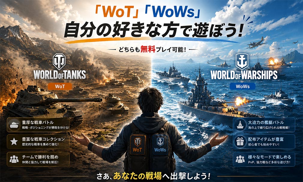 「World of Tanks(ワールドオブタンクス)WoT」と「World of Warships(ワールドオブウォーシップス)WoWs」お好きな方でプレイしようという紹介イメージ